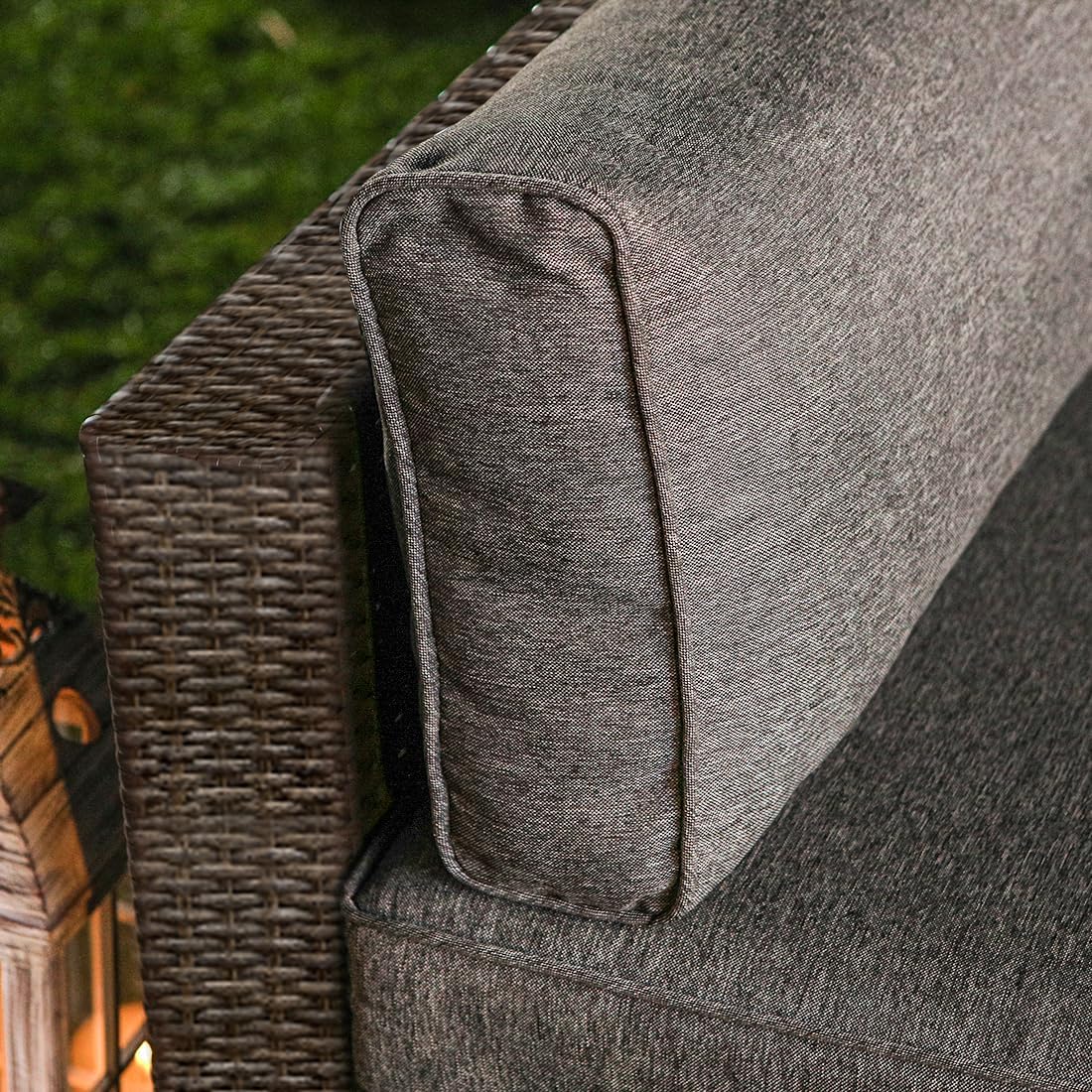 Alvantor 3-Piece Outdoor Patio Furniture Set, Brown Wicker Sectional Sofa with Coffee Table, Dark Gray Cushions, Turquoise Pillows, Backyard Garden Pool Deck Loveseat