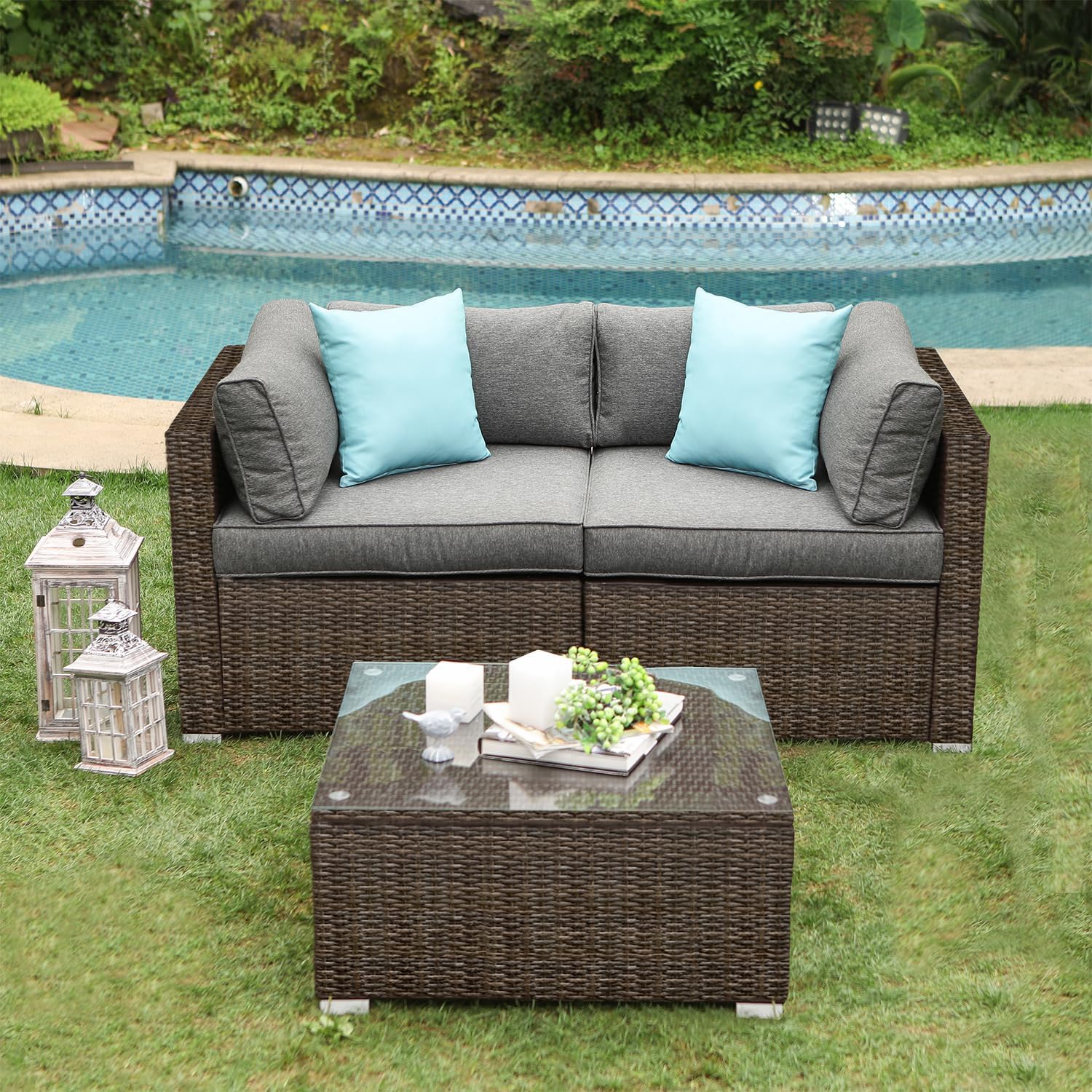 Alvantor 3-Piece Outdoor Patio Furniture Set, Brown Wicker Sectional Sofa with Coffee Table, Dark Gray Cushions, Turquoise Pillows, Backyard Garden Pool Deck Loveseat