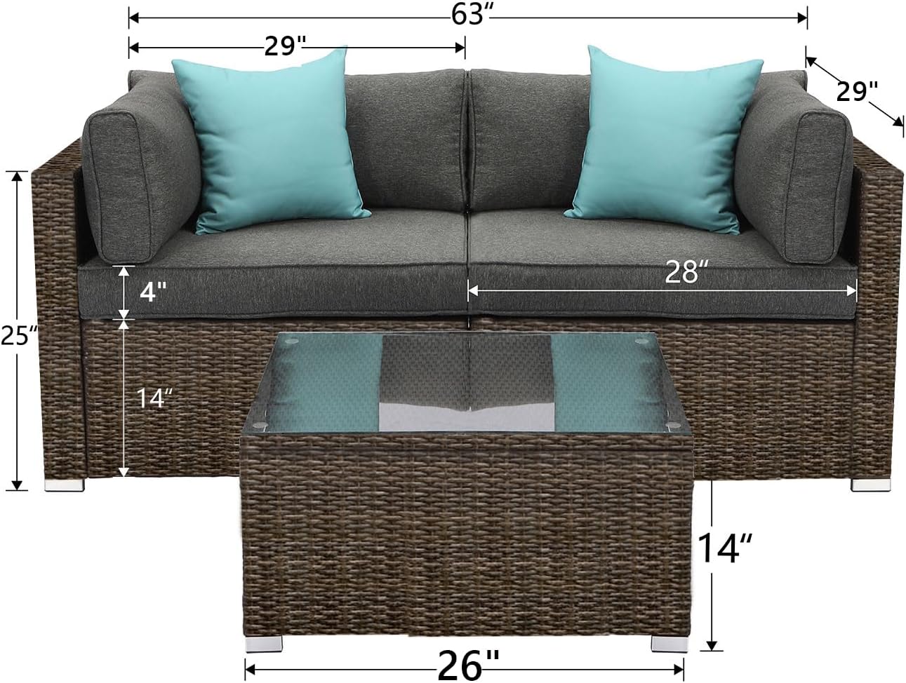 Alvantor 3-Piece Outdoor Patio Furniture Set, Brown Wicker Sectional Sofa with Coffee Table, Dark Gray Cushions, Turquoise Pillows, Backyard Garden Pool Deck Loveseat