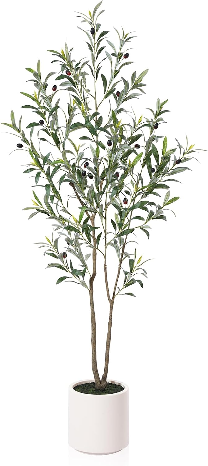 5FT/6FT Faux Olive Tree with Pot β Artificial Indoor Plant with Wood Branches & Fruit for Home Decor