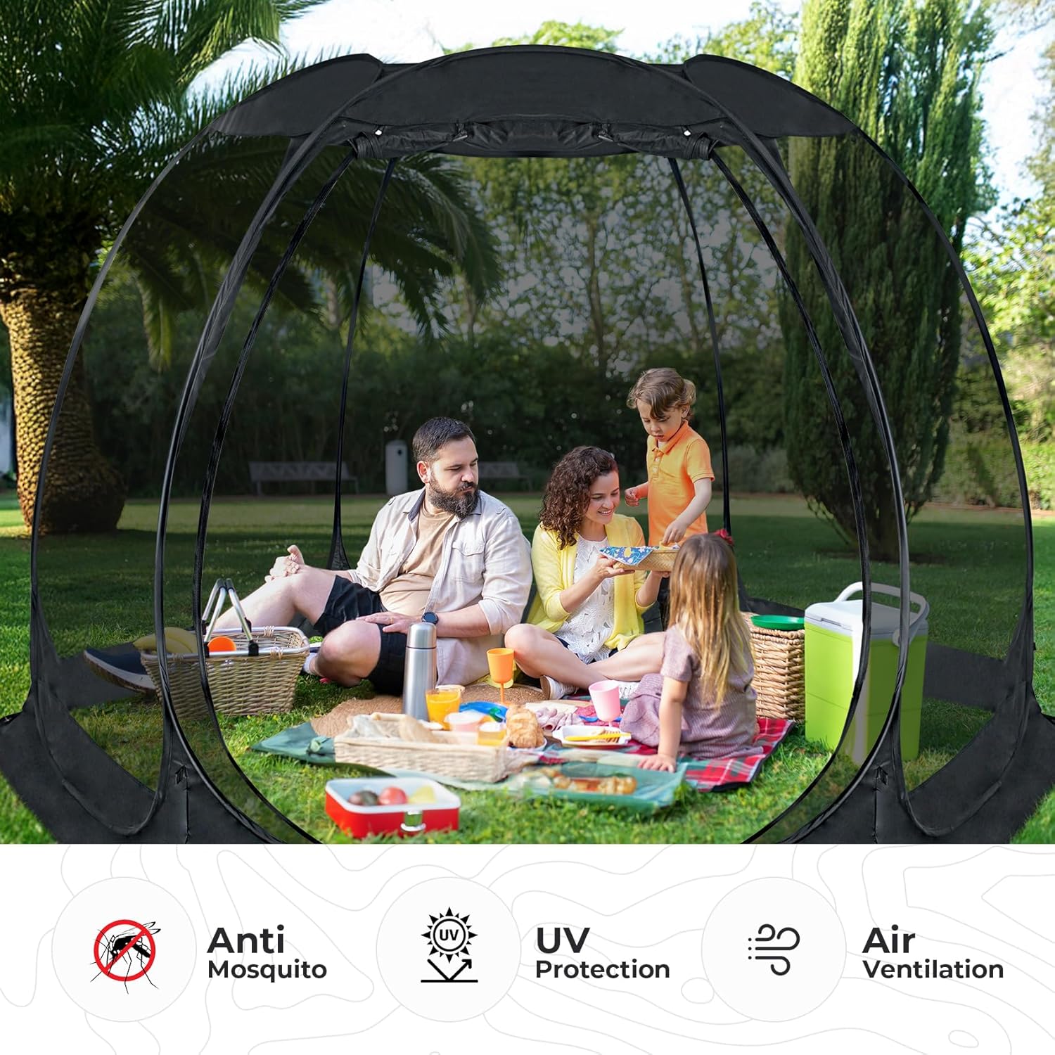 Alvantor Screen House Gazebo, 4-6 Person Pop Up Igloo Screened Canopy Tent with Mosquito Netting Sides, Instant UV Resistant Sun Shelter for Garden, Patio, Backyard, Black