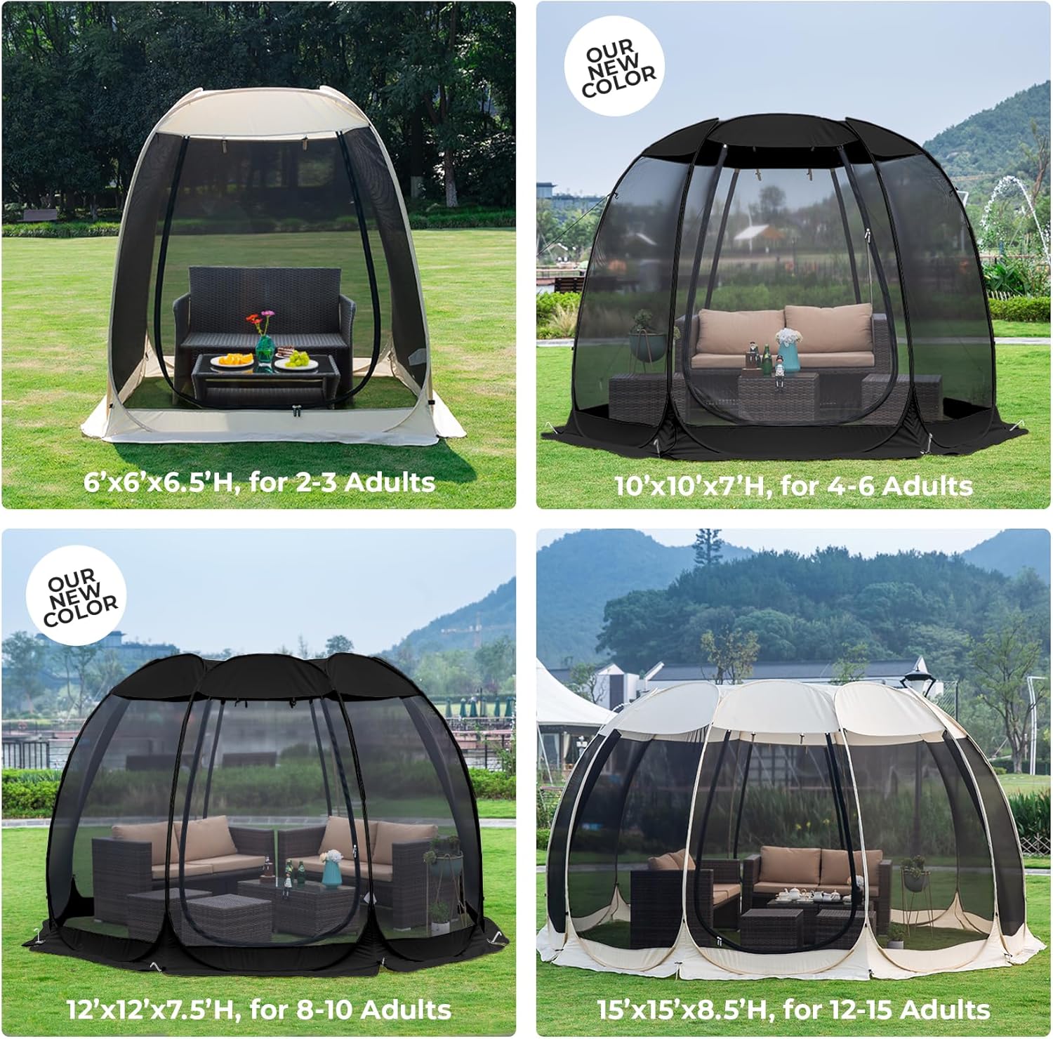 Alvantor Screen House Gazebo, 4-6 Person Pop Up Igloo Screened Canopy Tent with Mosquito Netting Sides, Instant UV Resistant Sun Shelter for Garden, Patio, Backyard, Black