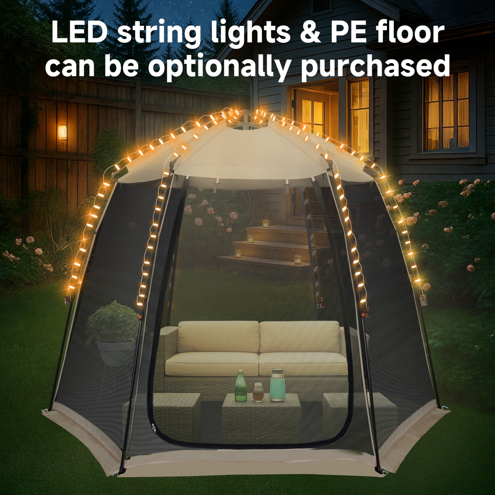 EighteenTek 10'x10'x7' Pop Up Sports Tent Shelter for 4–6 People, All Weather Outdoor Gazebo with Mesh Walls, Portable Camping Canopy Room for Tailgating, Backyard, Beige