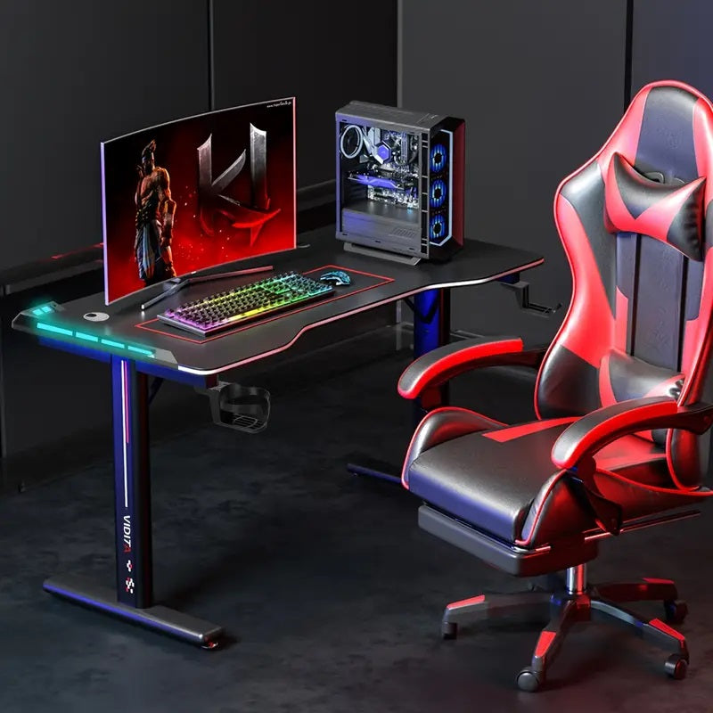 Gaming Computer Desk 47"–55" with Full-Surface Mouse Pad – Carbon Fiber Desktop, Cup Holder, Socket Rack, Cable Management & Adjustable Feet