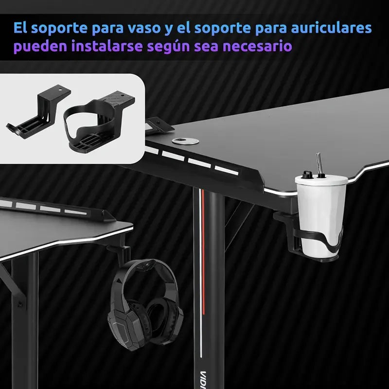 Gaming Computer Desk 47"–55" with Full-Surface Mouse Pad – Carbon Fiber Desktop, Cup Holder, Socket Rack, Cable Management & Adjustable Feet