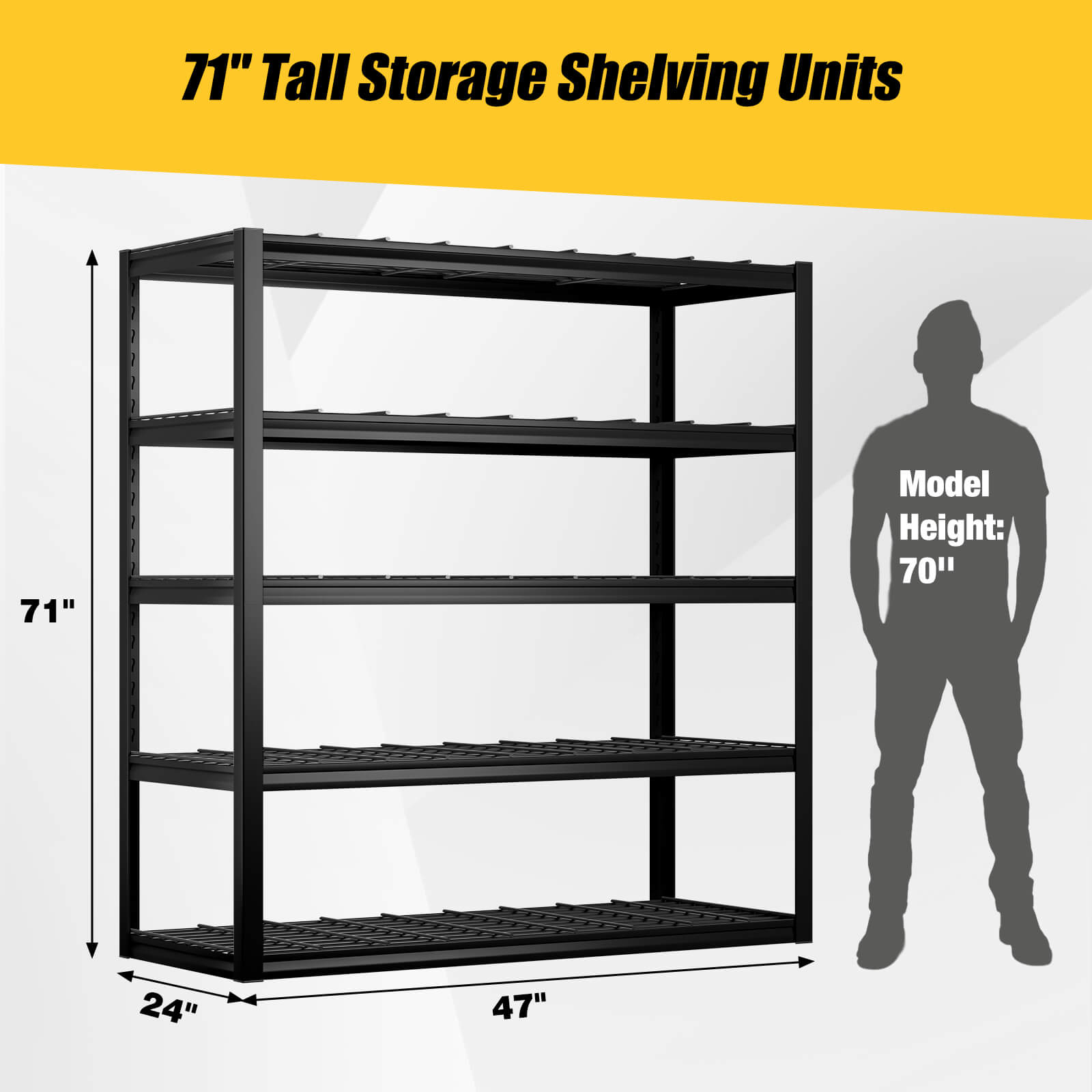 Heavy Duty Garage Shelving Unit โ 3000LBS Capacity, 5-Tier Adjustable Metal Storage Rack (71"H x 47"W x 24"D)