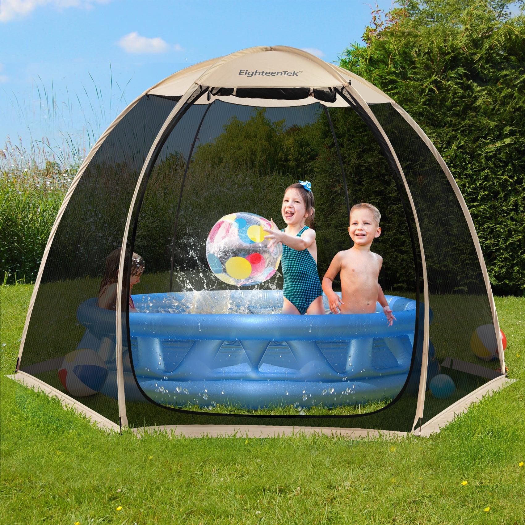 Three kids had fun playing in the pool at Screen House Tent