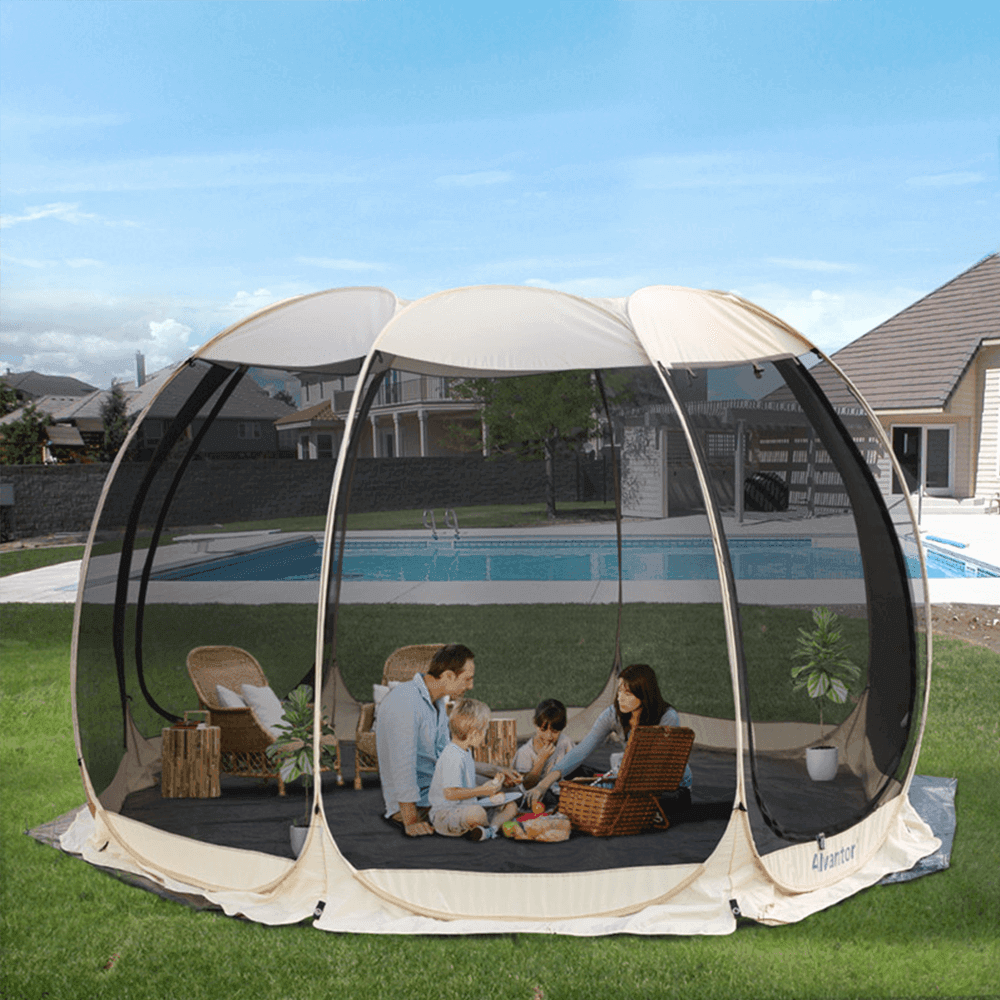 15'x15' screened gazebo used on backyard with a family inside as a bug free living room