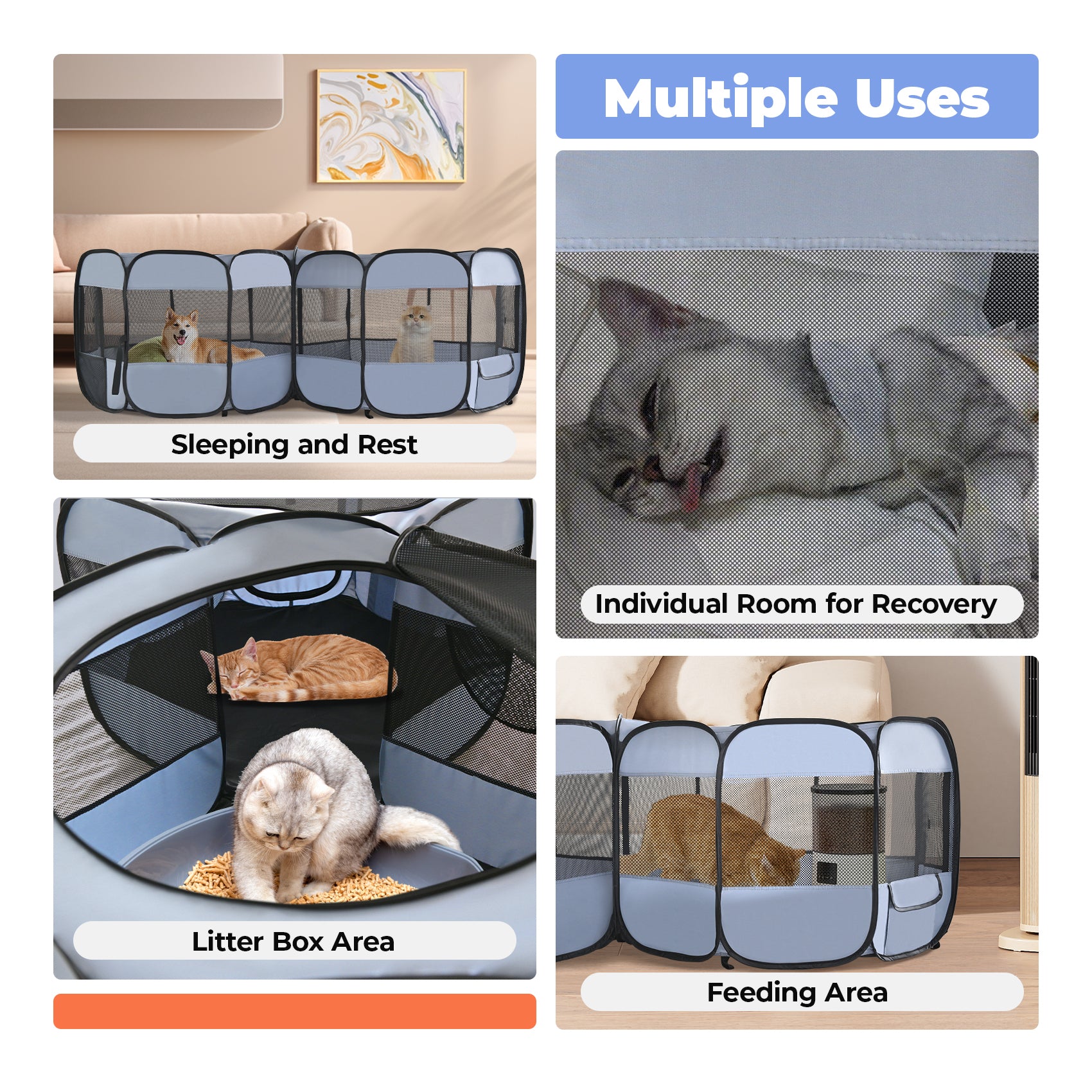 Alvantor 2-in-1 Cat Playpens, Detachable into 2 Separate Playpens with Additional 2 Doors, with Pee Pads, Portable Dog Playpen Cat Tent Enclosure for Kitten and Puppy Indoor Outdoor Use