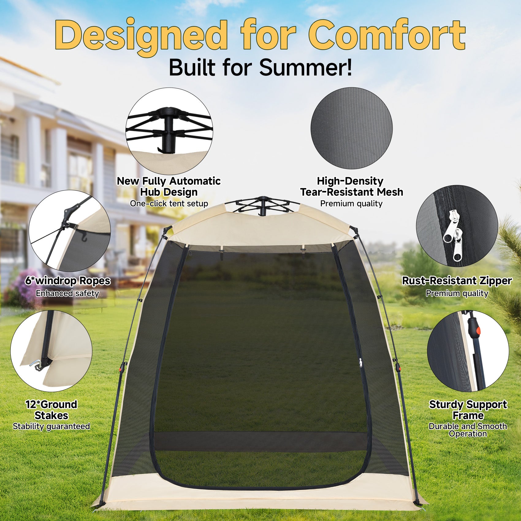EighteenTek 10'x10'x7' Pop Up Sports Tent Shelter for 4–6 People, All Weather Outdoor Gazebo with Mesh Walls, Portable Camping Canopy Room for Tailgating, Backyard, Beige