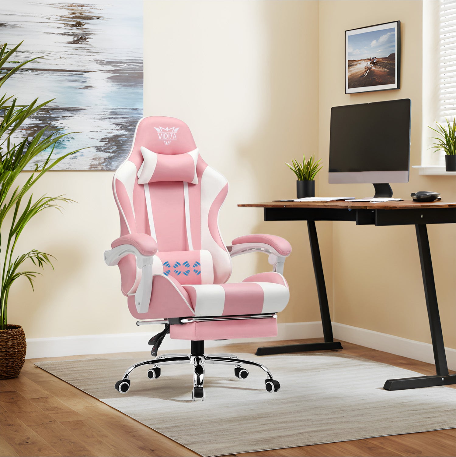 Ergonomic Gaming Chair with Footrest & Lumbar Pillow – Adjustable Height & PU Leather Comfort