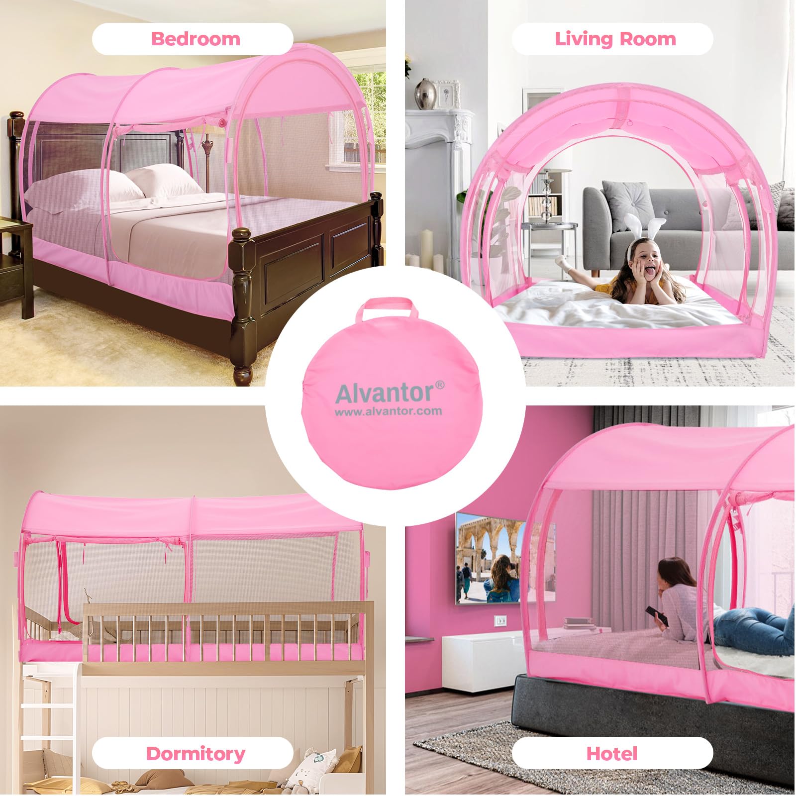 Alvantor Mosquito Net Bed Canopy Tents Dream Privacy Space Twin Size Sleeping Tents Indoor Pop Up Portable Frame Breathable Cottage Pink (Mattress Not Included)