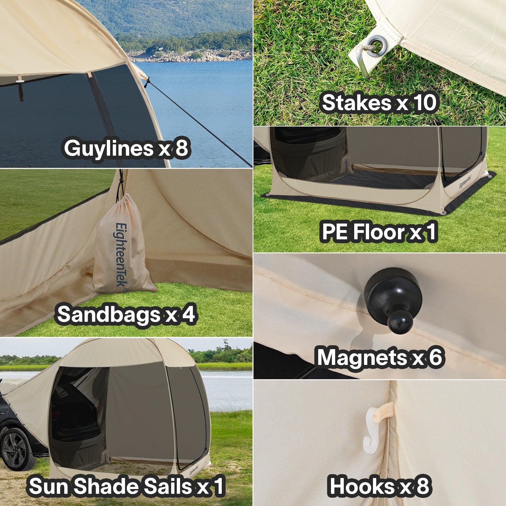 Carrying bags, Guylines, Stakes, PE floor, Magnets, Sandbags, Sun shade sail include in Tent