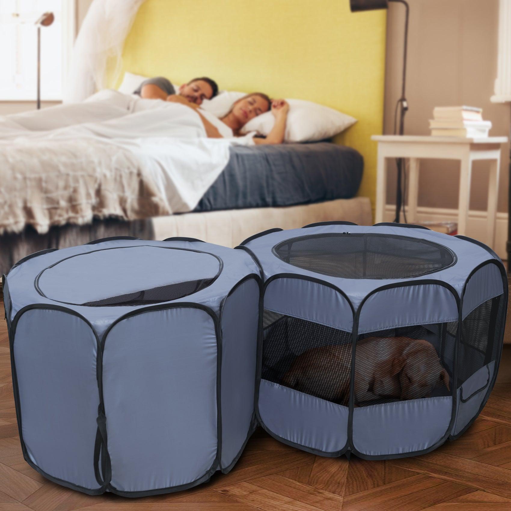 creates a quiet & comfortable sleeping area for your puppy in the bedroom by a pop up pet playpen