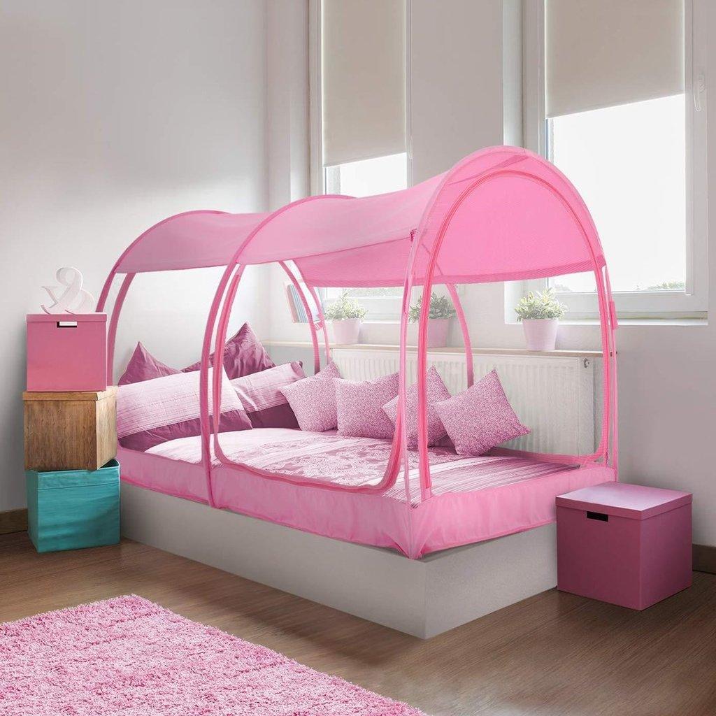 Pink mesh bed canopy tent provides 360-degree ventilation and mosquito repellent.