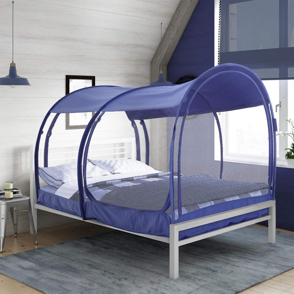 Navy mesh bed tent provides 360-degree ventilation and mosquito repellent.