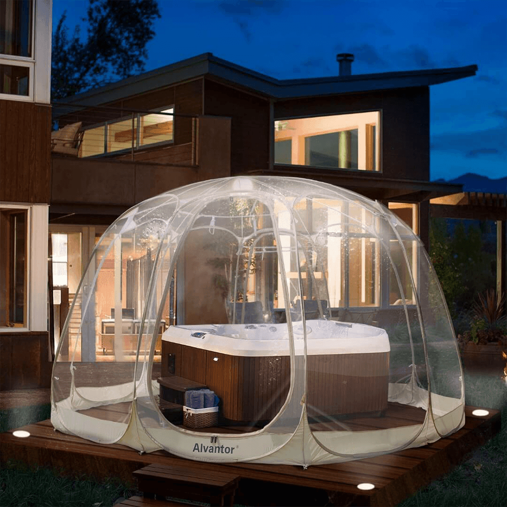Winter bubble tent for a better hot tub time on deck