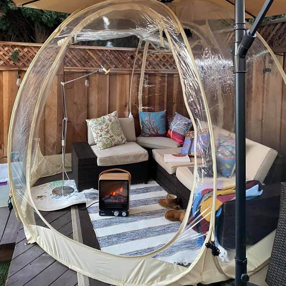 Add a heater and the alvantor bubble tent is the perfect backyard living room in winter