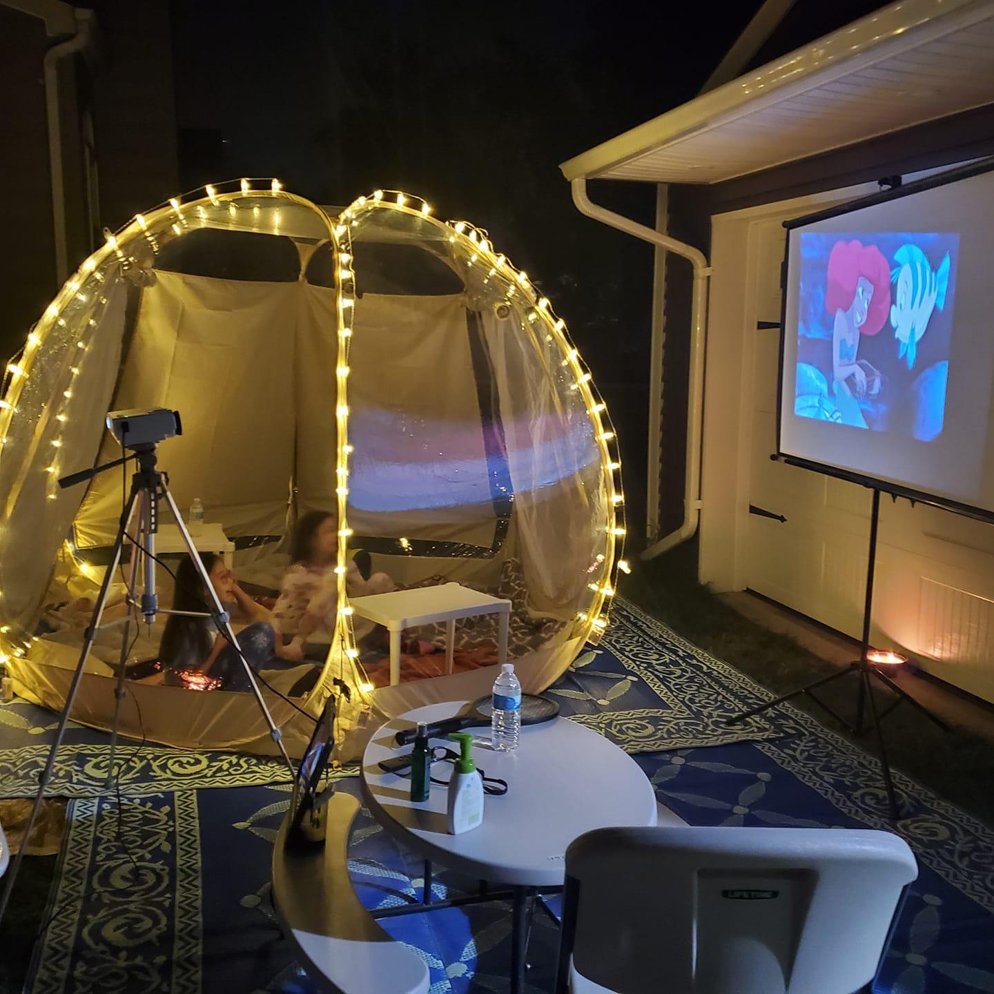 alvantor bubble tent is clear enough as an  outdoor cinema on backyard, garden or patio